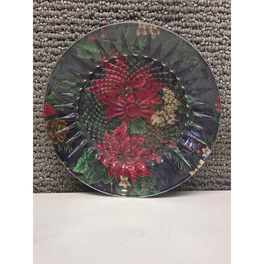 Christmas Poinsettia‎ Glass Decorative Plate Holiday Floral 8" Round Red Green